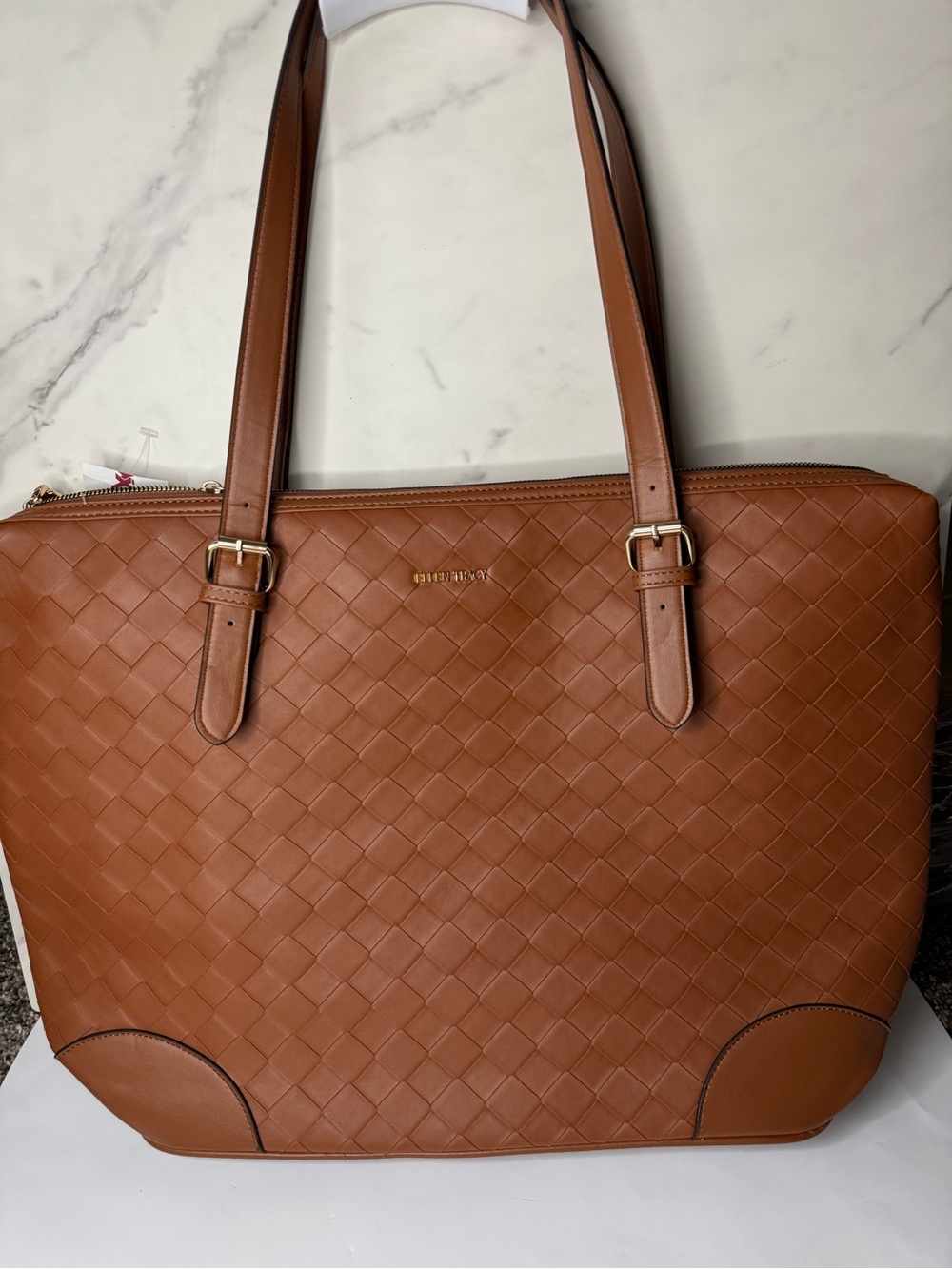 NWT Ellen Tracy Woven Laptop Tote Bag Brown Work Office